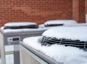 A snow-covered outdoor AC unit